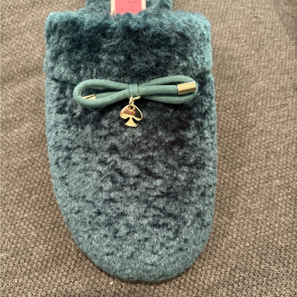 Kate Spade Teal Fuzzy Slippers with Bow - Picture 6 of 7